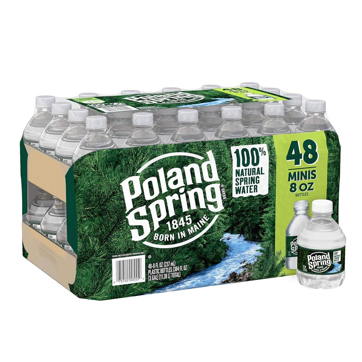The Poland Spring Water - 8 Fl Oz Bottle (pack Of 48) offers 48 mini bottles, featuring a flowing river in a lush forest design. The packaging proudly states 100% Natural Spring Water and Born in Maine 1845, capturing the essence of pure water.